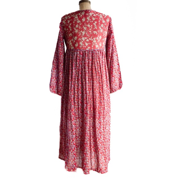 Indian Boho Block Print Hand Stitched Red Kantha Bodice Maxi Dress Sz Small - Picture 2 of 11